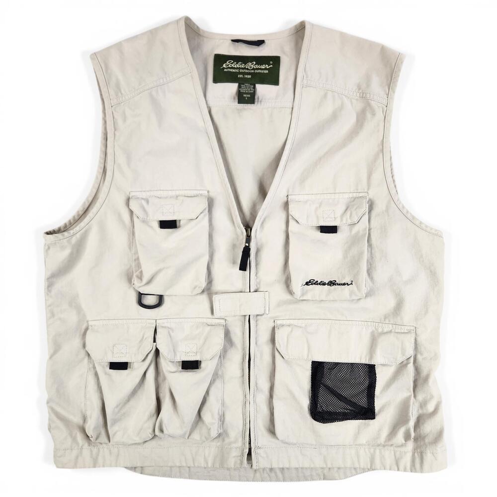 Eddie Bauer Vest Mens Large Beige Fishing Utility Multi Pocket Travel Outdoor
